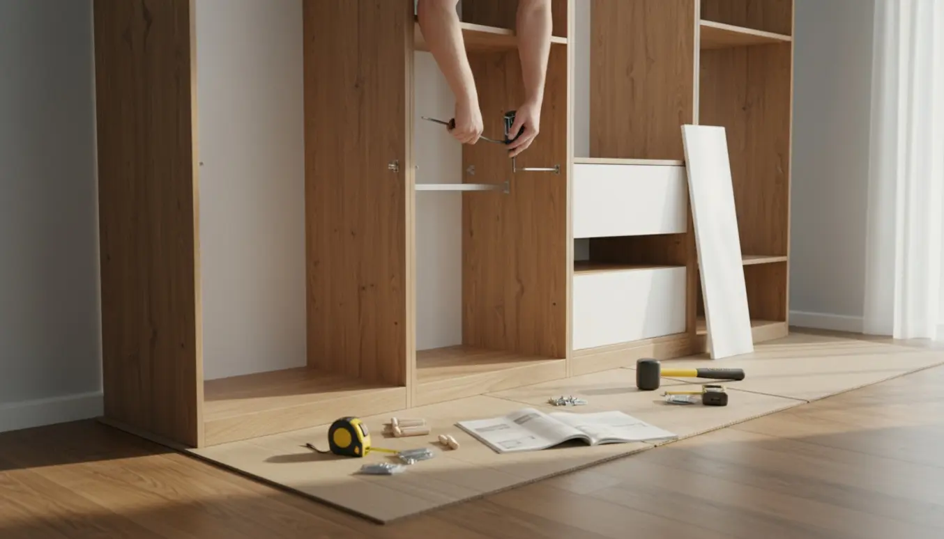 Delvist samlet bredt fladpakket garderobeskab i en lys stue med værktøj og fittings på gulvet.