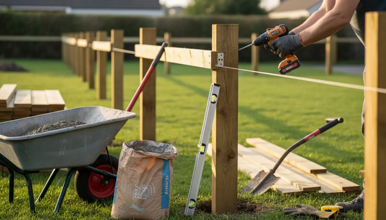 Opstilling af nyt hegn i have med stolpe, værktøj og materialer i gyldent dagslys.
