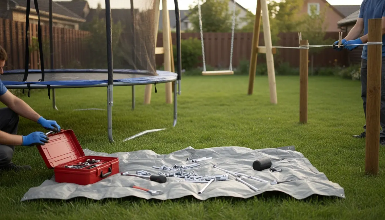 Hænder samler en børnetrampolin, hænger et gyngesæde op og strammer en tørresnor i haven med værktøj i forgrunden.