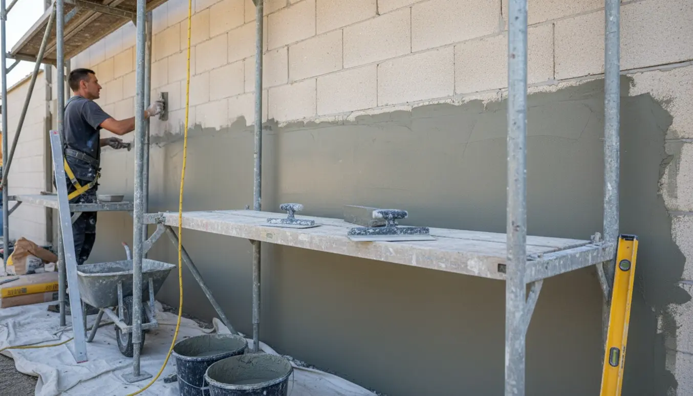 En arbejder pudser en 7–8 meter høj gasbetonvæg fra stillads med murske og våd puds.