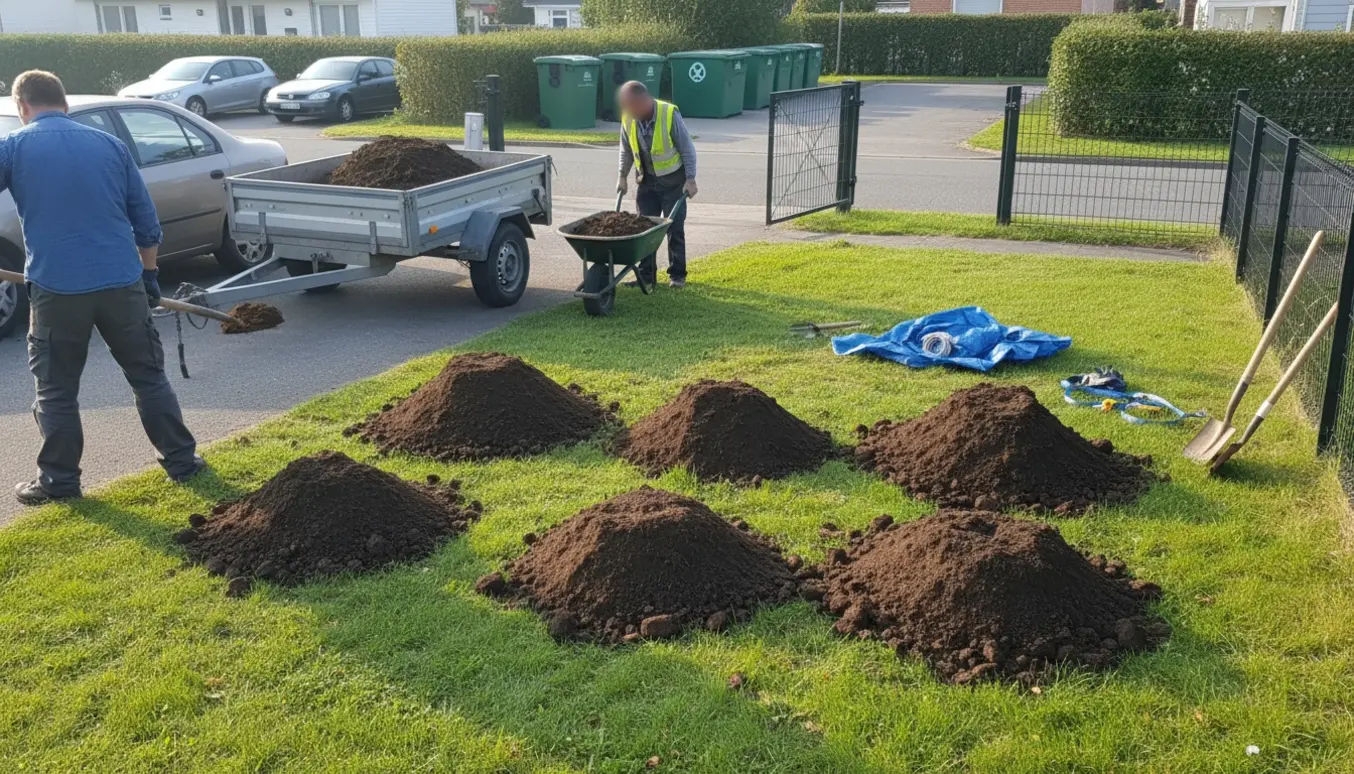 Åben trailer og bil parkeret ved fire bunker opgravet jord i en have, hvor jord skylles i trailer med skovl og trillebør.