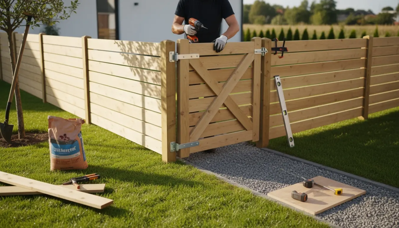 Montering af et moderne Skagen-lignende træstakit og låge i en villahave med værktøj og arbejdshænder i fokus.
