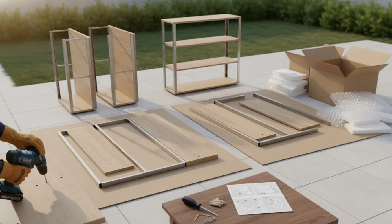 Hænder i arbejdshandsker samler fem identiske reoler på en terrasse med værktøj og emballage ved siden af.