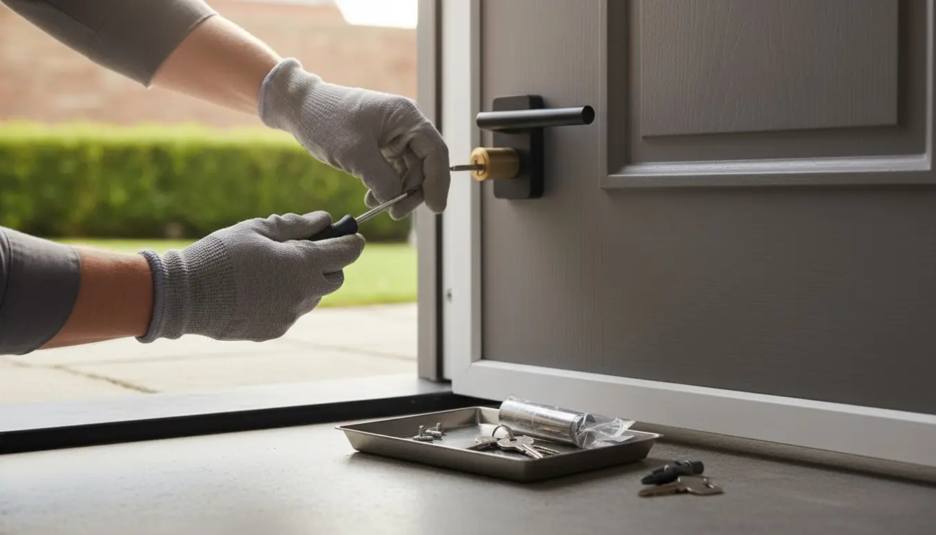 Nærbillede af hænder, der udskifter en låsecylinder over håndtaget på en moderne hoveddør.