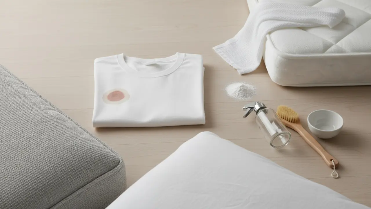 Oversigt over tekstiler og rengøringsmidler: t-shirt, madras, sofa og rengøringsværktøj.