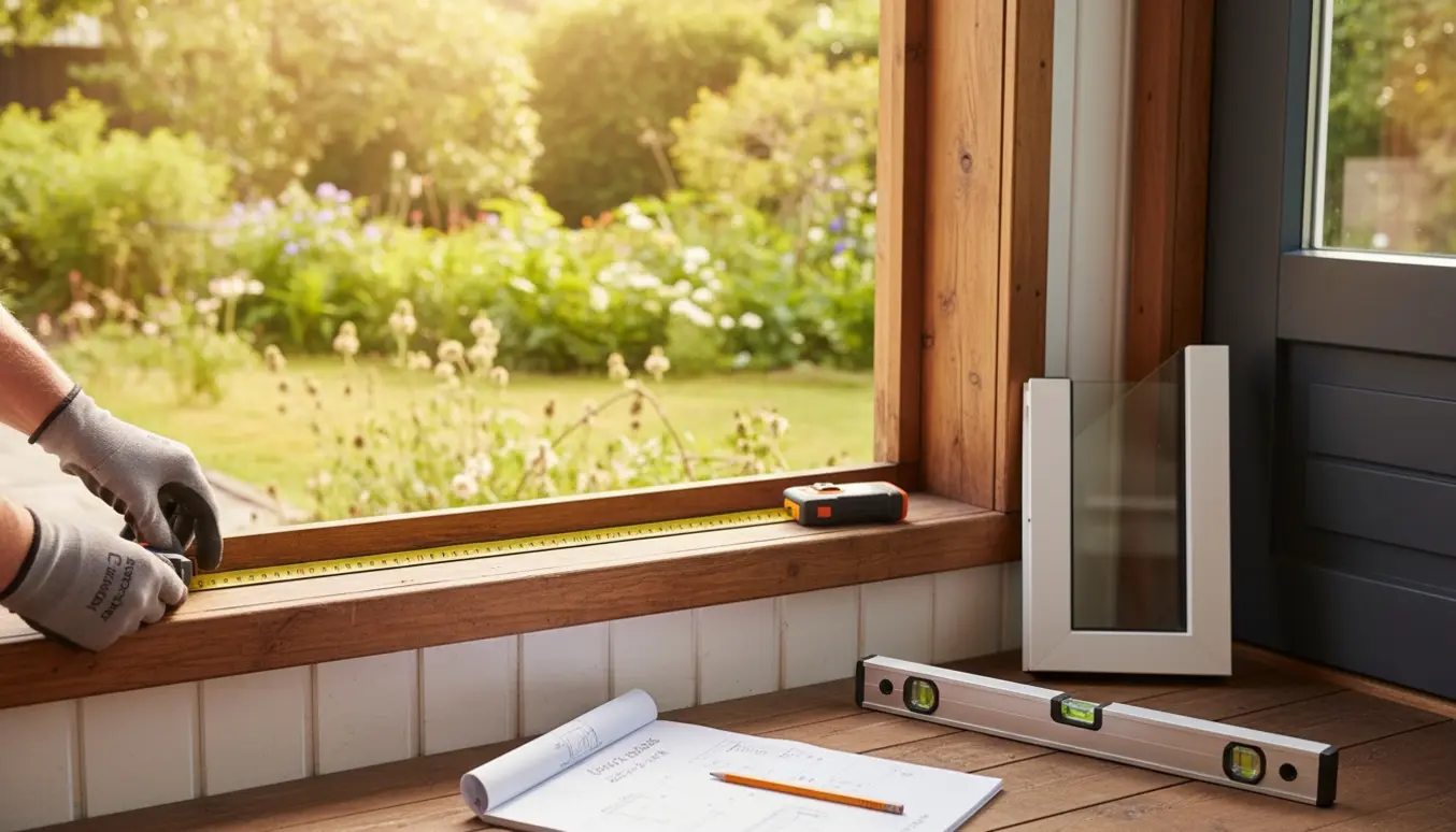 Hænder måler åbningen til en udestue med målebånd og lasermåler ved siden af en skitse og vinduessample.