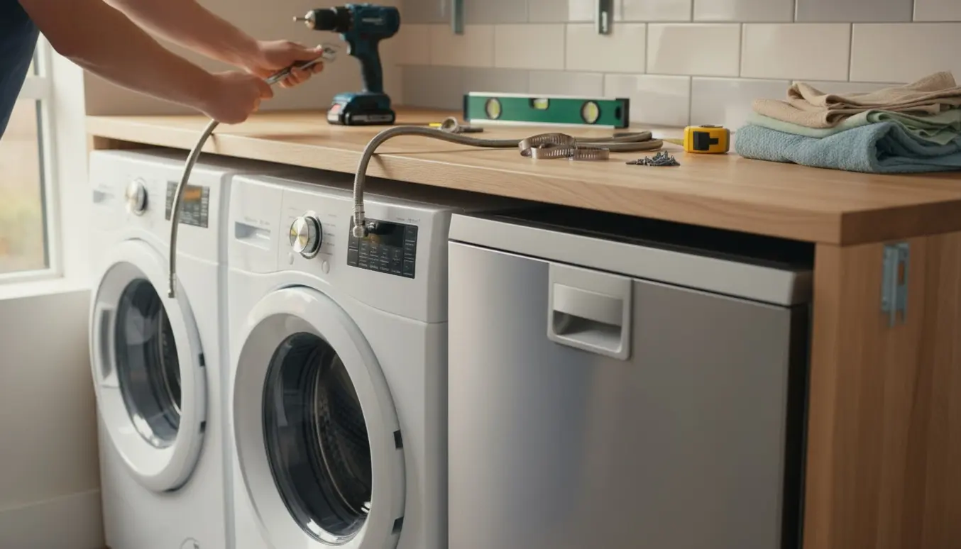 Ny vaske-tørremaskine og opvaskemaskine monteres under en lys træbordplade med værktøj og foldet tøj.
