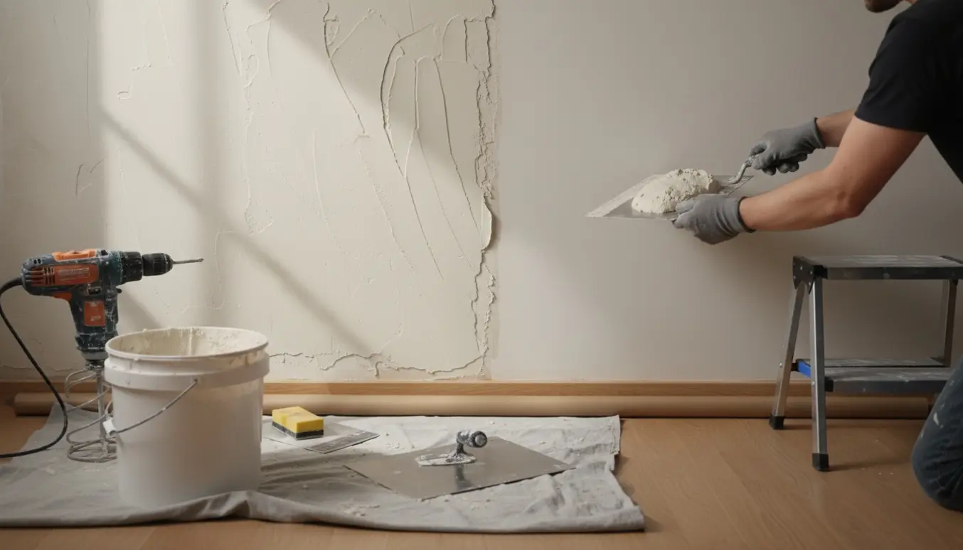 Hænder jævner frisk vægpuds i et lyst rum med værktøj og materialer i forgrunden.
