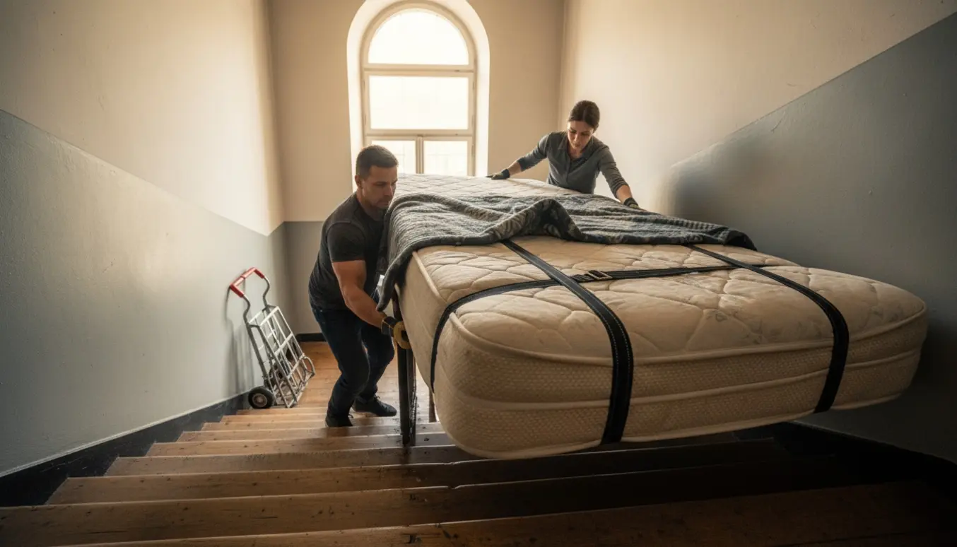 To personer bærer en indpakket boxmadras (140x200) ned ad en opgangstrappe, uden synlige ansigter.