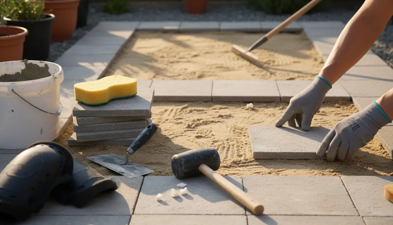 Nærbillede af udendørs fliseomlægning med hænder, værktøj og bunker af nye fliser i varmt naturligt lys.