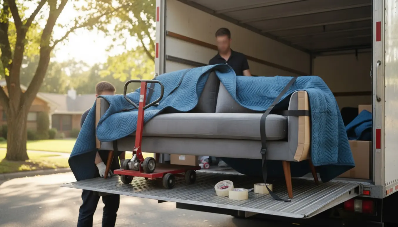 To flyttemænd læsser en grå chaiselong-sofa ind i en varevogn på en stille boligvej.