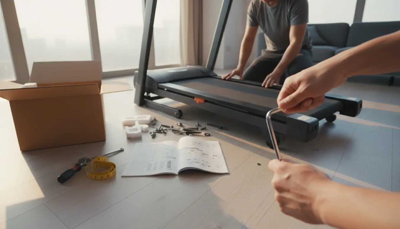 En person samler et løbebånd i en lys stue med værktøj og åbne kasser.