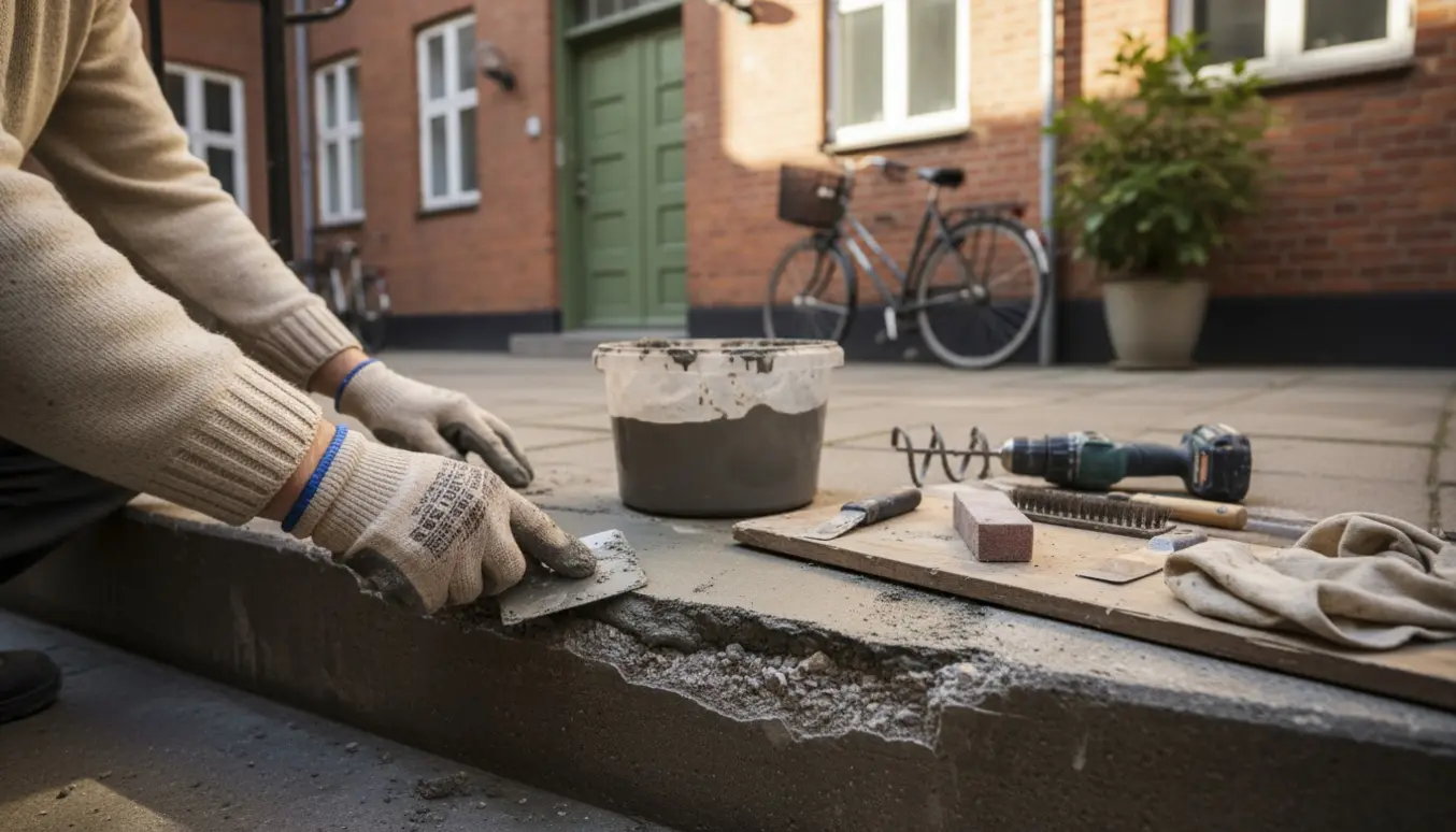 Reparation af betontrappe i en Vesterbro-gård med spartelmasse og værktøj i fokus.