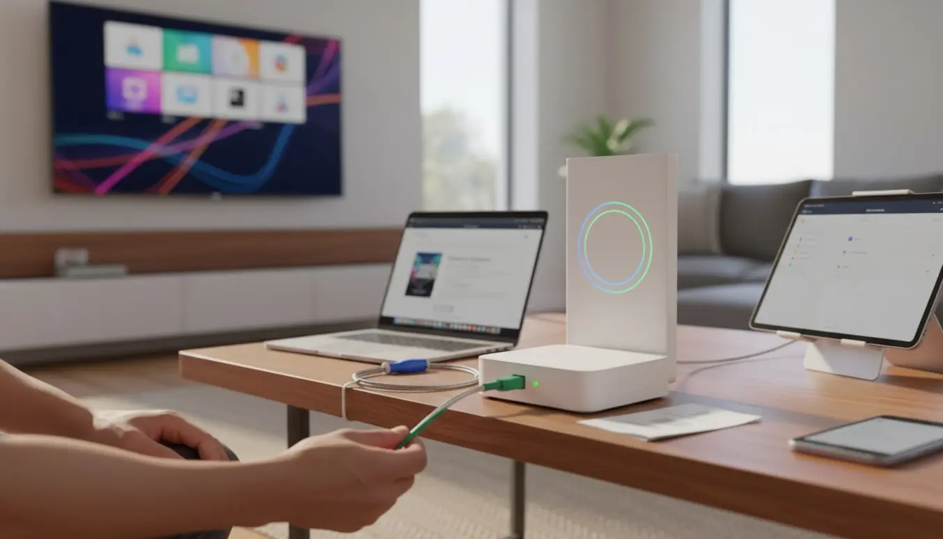 Hænder tilslutter fiberkabel til router med laptop, iPad, telefon og tv i en lys, moderne stue.