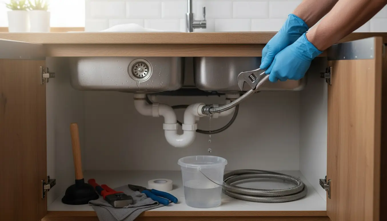 Hænder i handsker reparerer en utæt opvaskemaskineslange under en køkkenvask med en spand og værktøj.