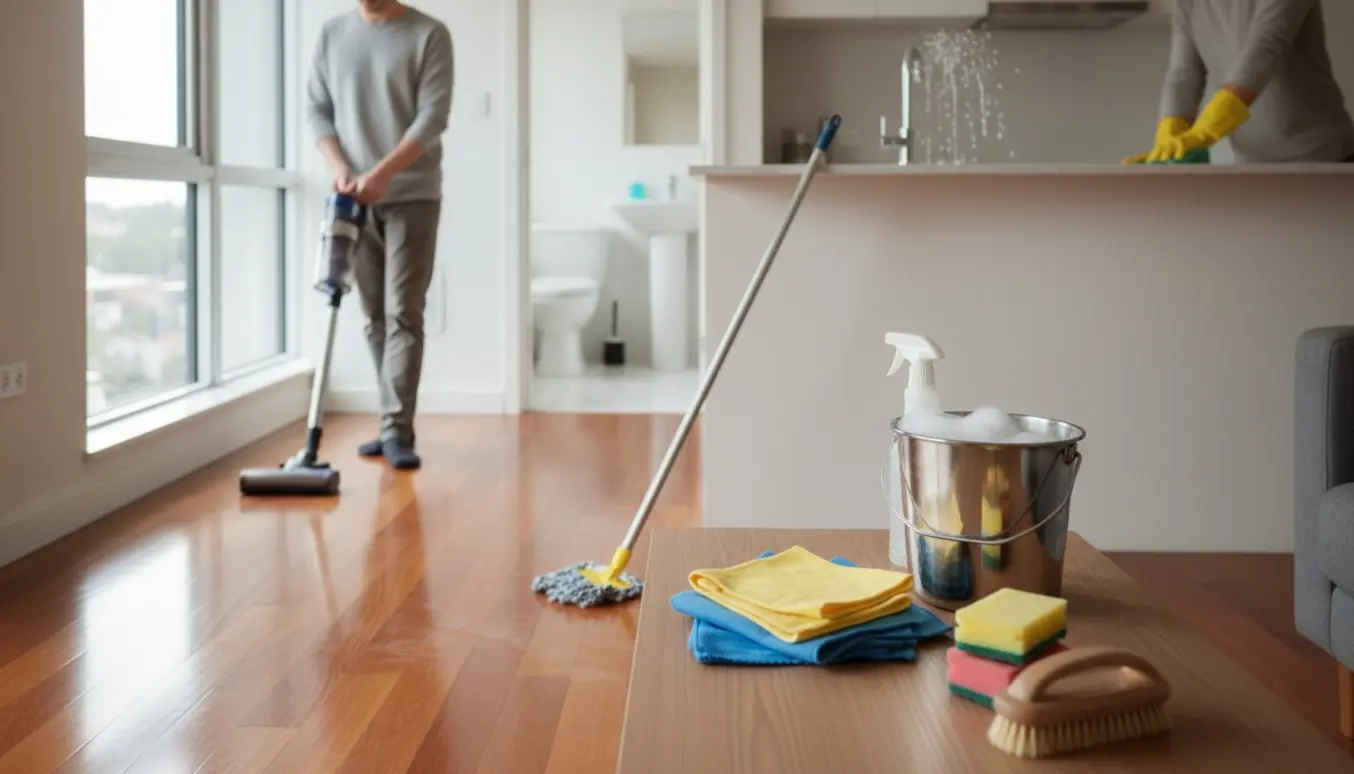 Rengøring af en lys, kompakt lejlighed med støvsuger, moppe og rengøringsmidler.