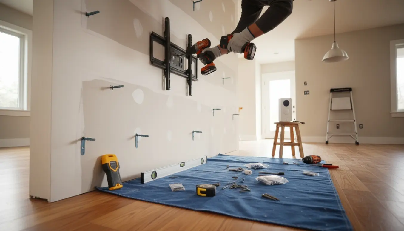 Nærbillede af opsætning af tvbeslag på gipsvæg med værktøj, ringeklokke-kamera og lampe klar til ophæng.
