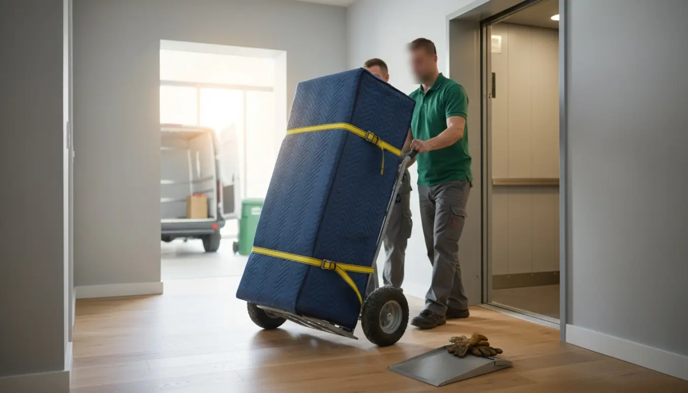 Et højt køleskab pakket i flyttetæppe på en handtruck trækkes ind i en åben elevator, uden synlige ansigter.
