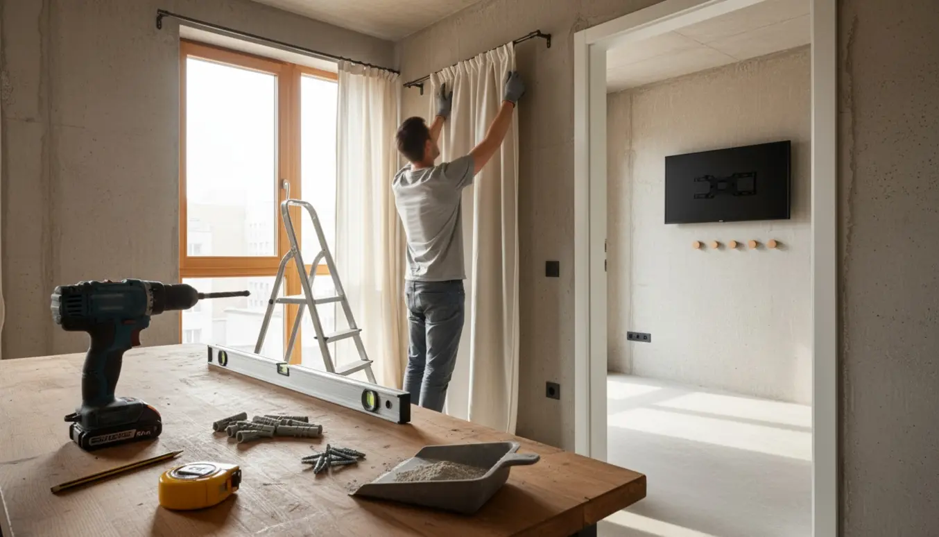 Værktøj på et arbejdsbord og håndværkerhænder ved et vindue, hvor et gardin hænges op på en betonvæg; et væghængt TV og nye knager ses i soveværelset.