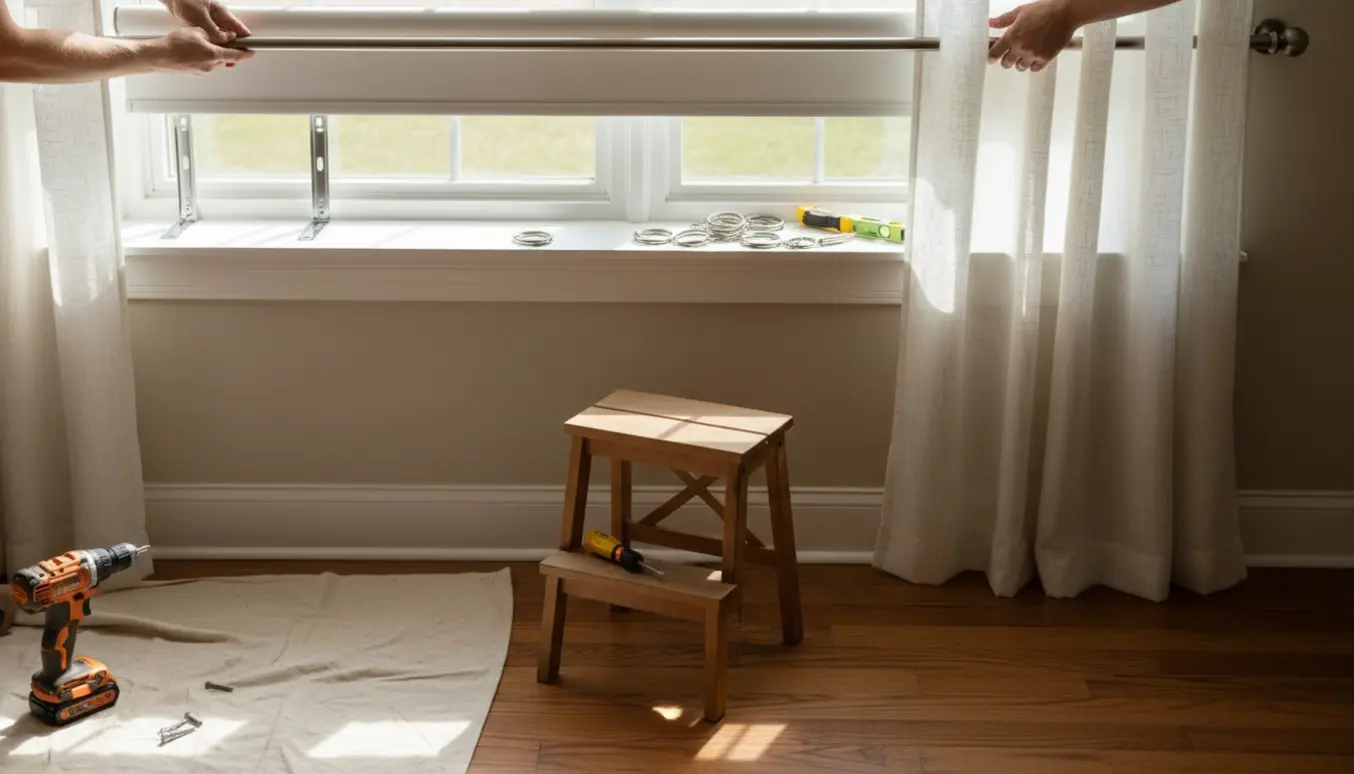 To gardiner monteres ved et vindue: en op-og-ned rullegardin og en gardinstang med værktøj ved siden af.