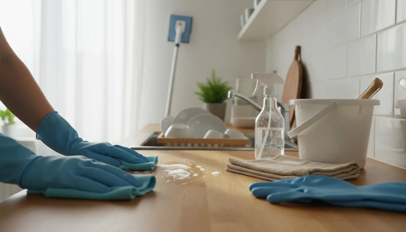 Hænder i handsker pudser et køkkenbord i en lys skandinavisk lejlighed med rengøringsudstyr i baggrunden.
