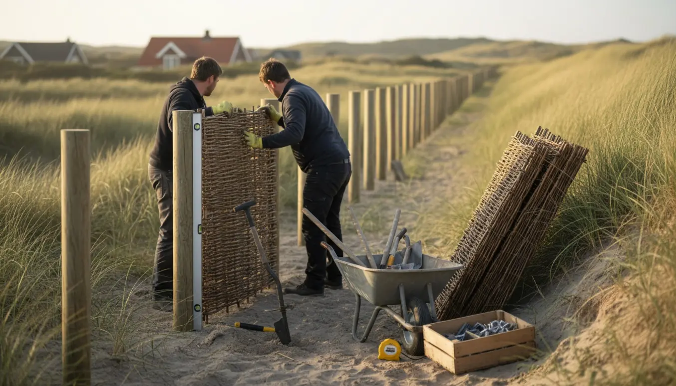 To håndværkere rejser et pilehegn mellem pæle på en sandet grund ved Marielyst med stablede pilehegnspaneler og værktøj i forgrunden.
