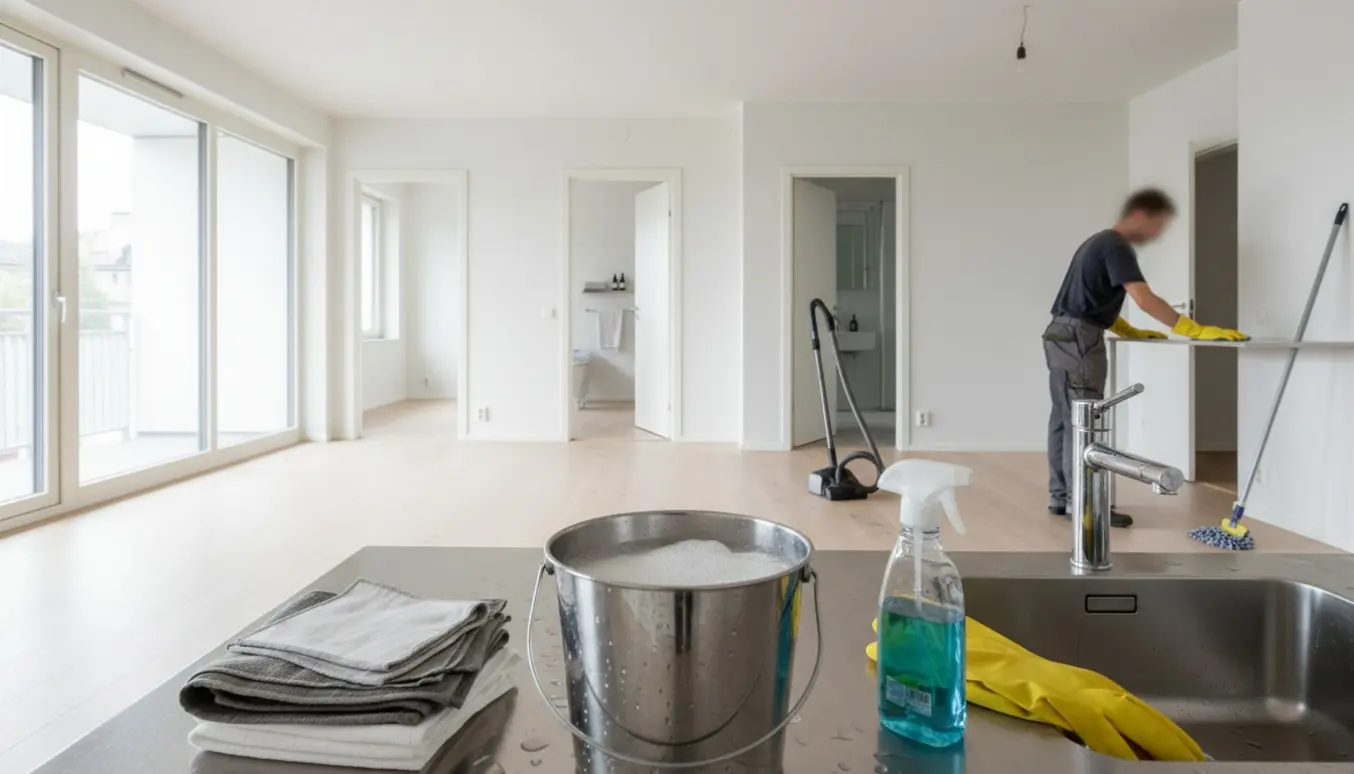 Nyvasket, rummelig lejlighed med rengøringsudstyr i forgrunden og skinnende køkken og badeværelse i baggrunden.