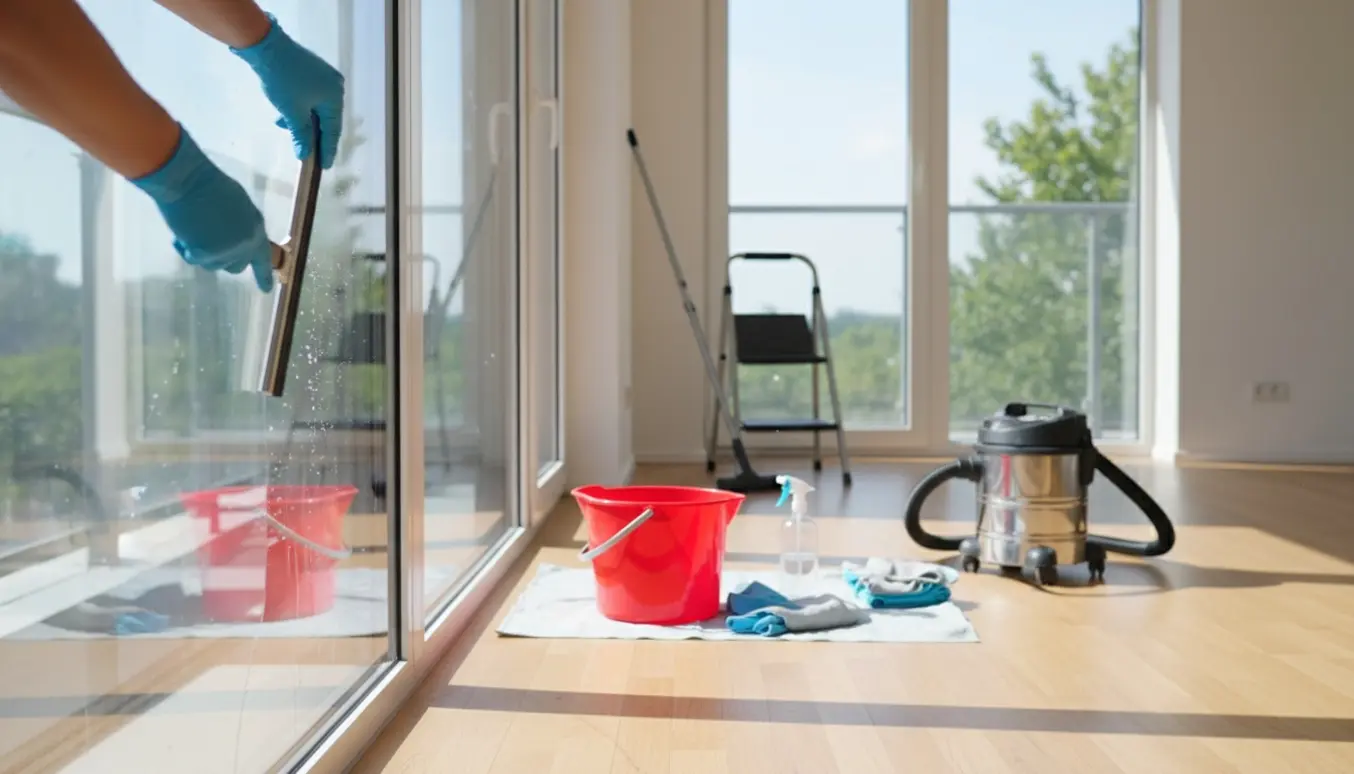 Hænder med handsker pudser et stort vindue i en solbeskinnet tom lejlighed klar til indflytning.