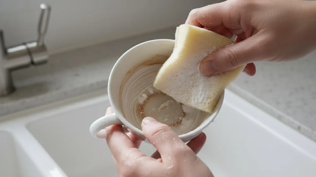 Nærbillede af hånd, der skrubber tepletter i en porcelænskop med natronpasta
