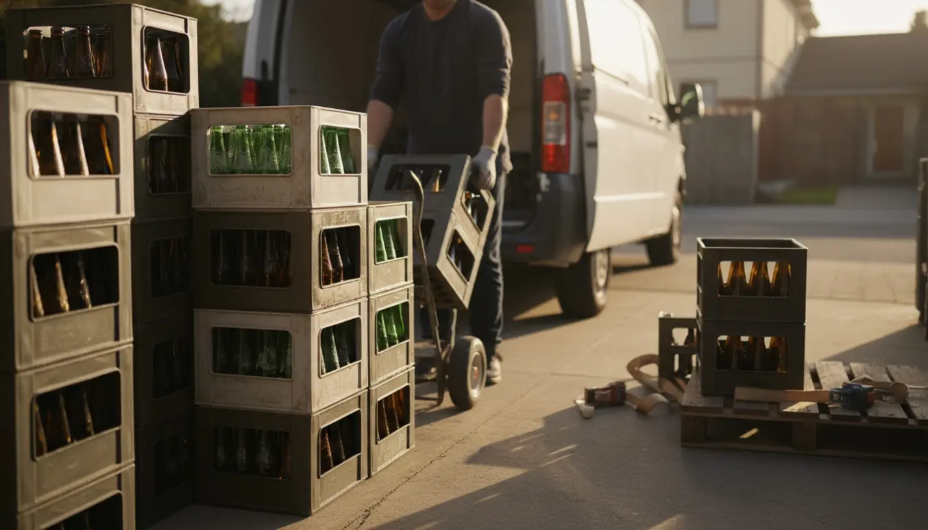 Stablede ølkasser med tomme flasker ved åben varevogn klar til pantning.