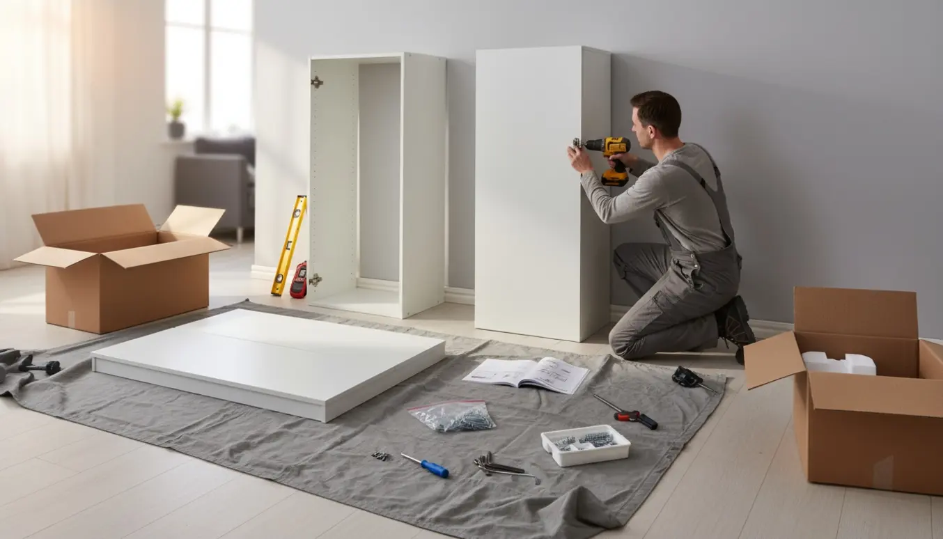 To PLATSA-skabe under samling i et lyst hjem med værktøj, emballage og vægmonteringsudstyr.