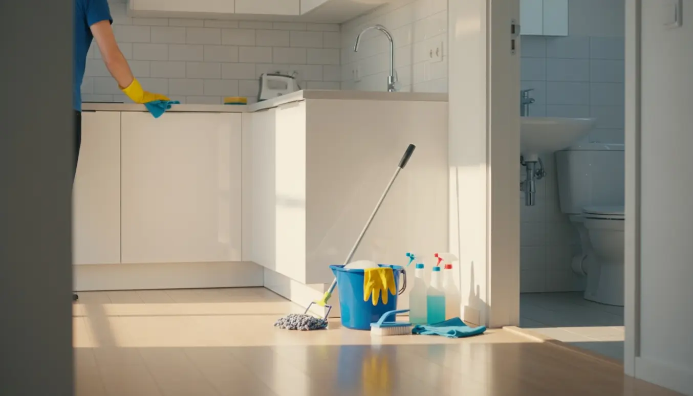 Rengøringsudstyr i en lys lejlighed med et skinende køkken og et rent badeværelse i baggrunden.