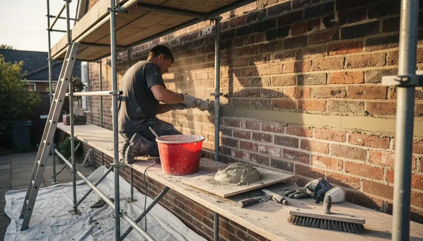 Hænder reparerer murfuger på en sydvestvendt parcelhusvæg med murske og mørtel i varmt eftermiddagslys.