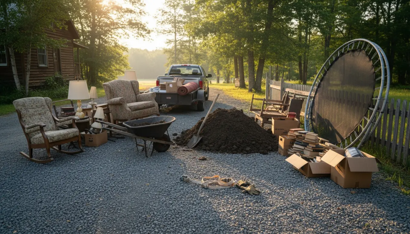 Bunke gamle møbler og en jordbunke fra opgravet trampolin ved en sommerhusindkørsel klar til afhentning.
