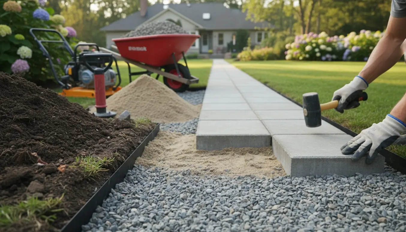 Nærbillede af en haveflisegang under opbygning med udgravet jord, grus, sand og hænder, der lægger fliser.