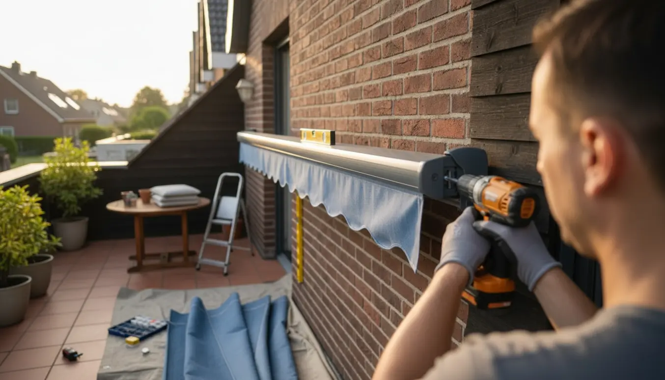 Ny markise monteres på en terrasse, håndværker spænder beslag med en boremaskine.