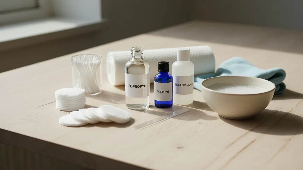 Oversigt over rengøringsmidler: sprit, acetone, neglelakfjerner, vat og klud