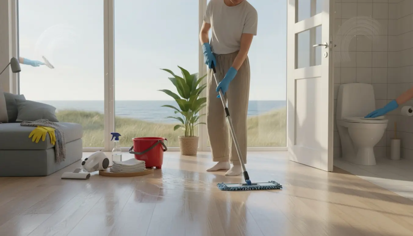 Indvendigt sommerhus i Fjellerup med gulvmopning og vinduespudsning, udsigt til kysten.