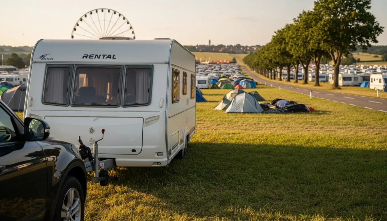 En bil trækker en lejet dobbeltafkørende campingvogn væk fra festivalområdet mod en landevej i gyldent dagslys.
