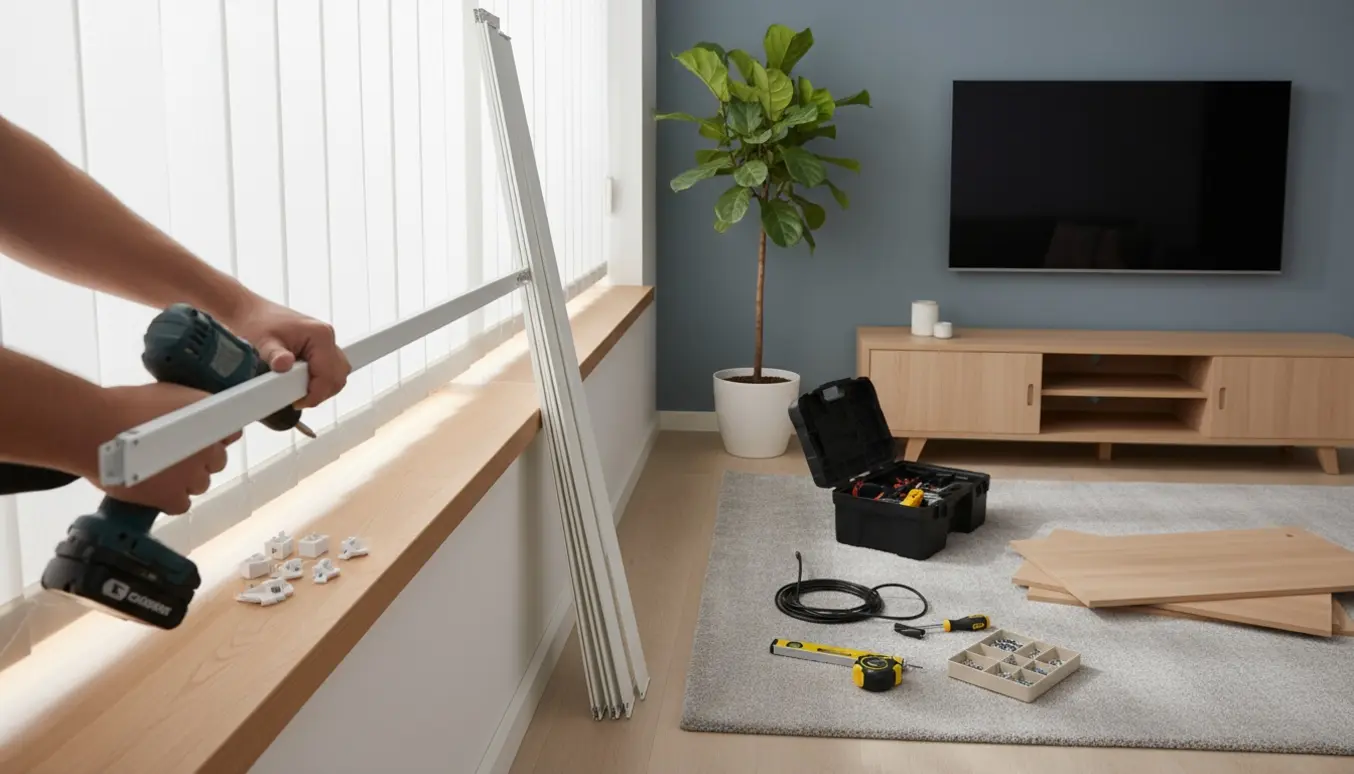 Opsætning af lamelgardiner ved et vindue og samling af en TV-bænk i et lyst, moderne dagligstue.