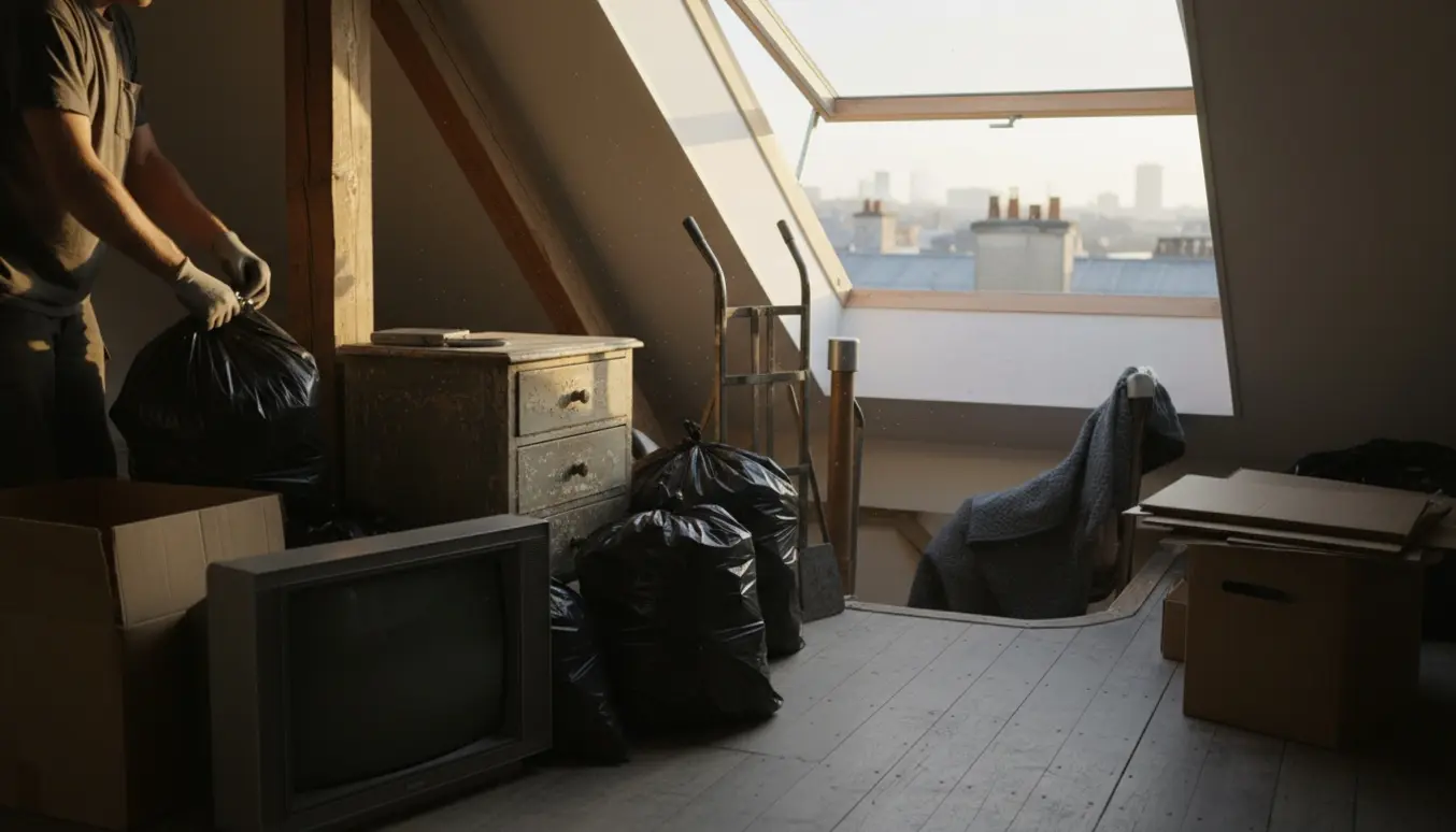 Handskerede hænder rydder et loftrum på 5. sal med møbler, sorte sække og et gammelt fjernsyn.