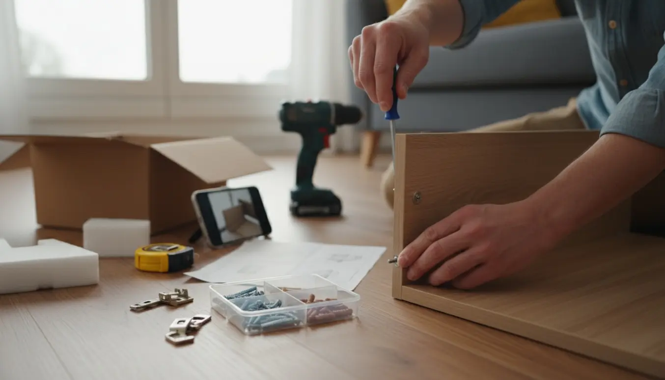 Hænder samler et nyt fladtpakket skab i en lys stue med værktøj og hardware spredt omkring.
