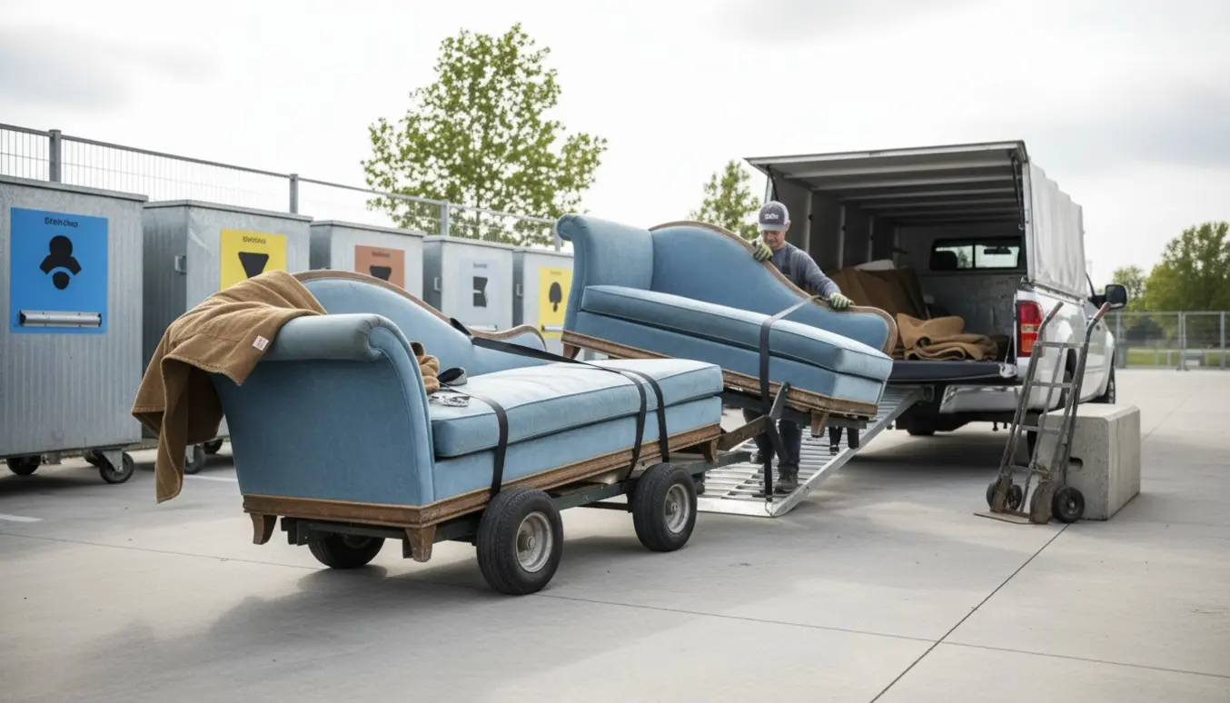 En gammel chaiselong-sofa delt i to bliver læsset af på en genbrugsplads, med hænder og flytteudstyr synligt.