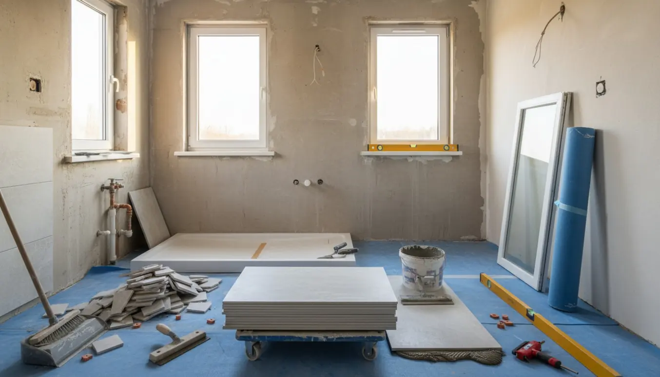 Badeværelse under renovering med delvist fjernede fliser, tre vinduesåbninger og værktøj klar til montering.