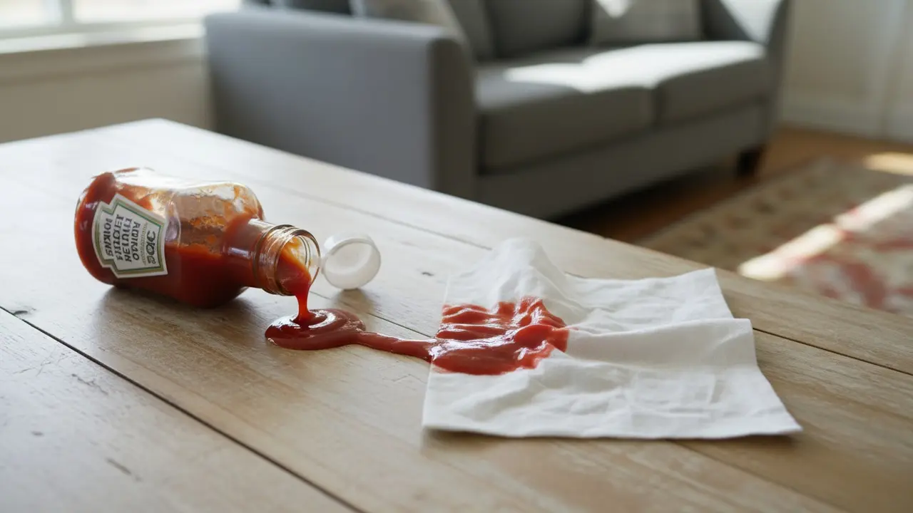 Ketchup spildt på bord med plettet klud og synligt sofa- og tæppebaggrund