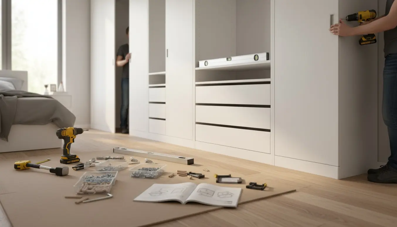 Montering af en fire meter bred PAX-lignende garderobe i et lyst soveværelse med værktøj og hænder i arbejde.