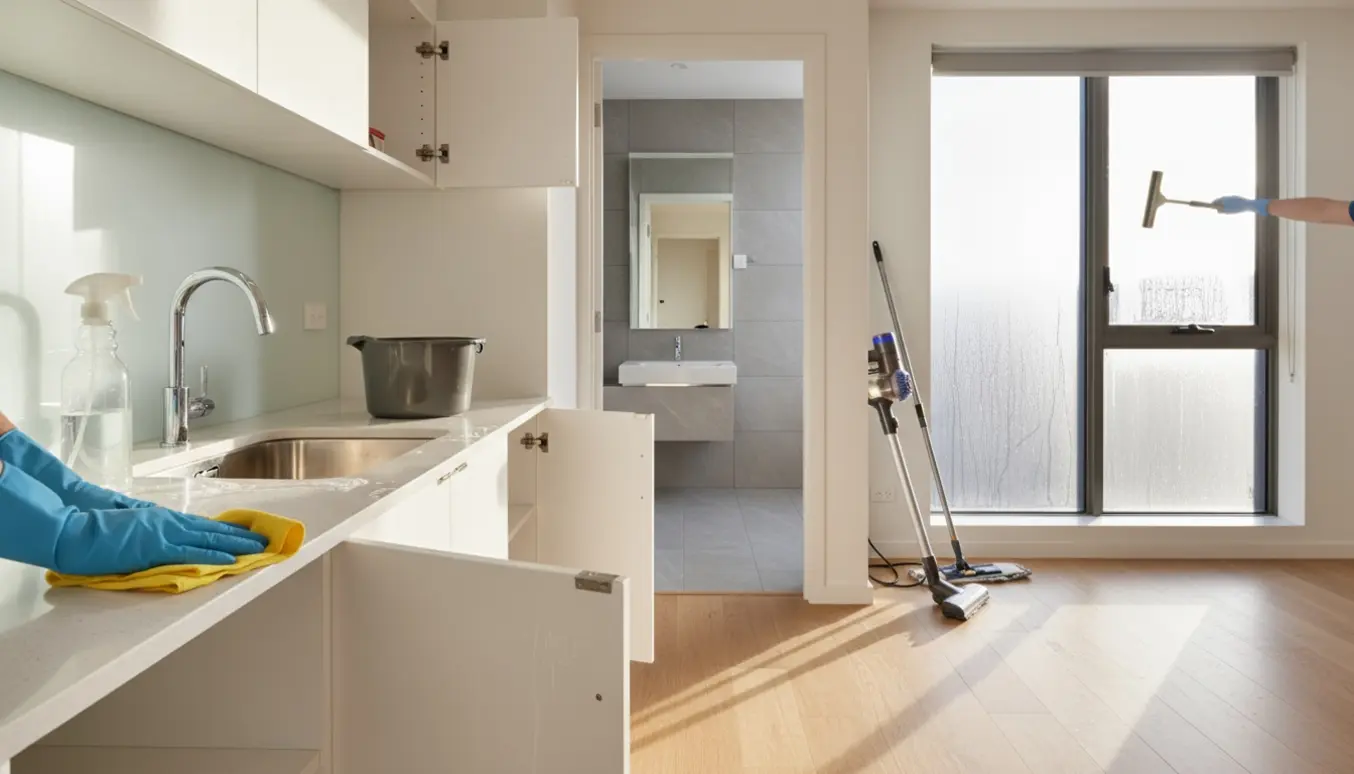 Soloplyst lejlighedskøkken hvor hænder i gummihandsker pudser vindue og aftørrer skabe ved fraflytningsrengøring.