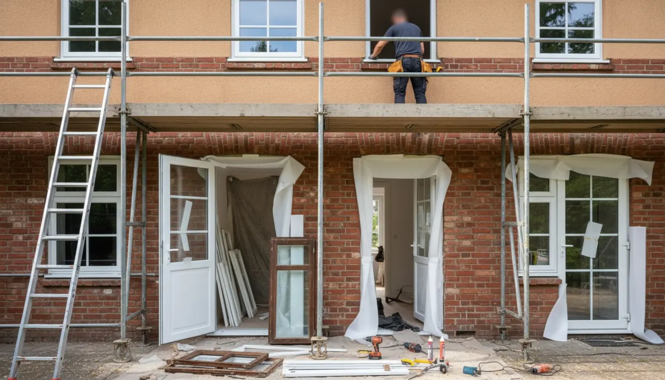 1980-villa under renovering med nye vinduesrammer, døre, værktøj og fjernet lister.