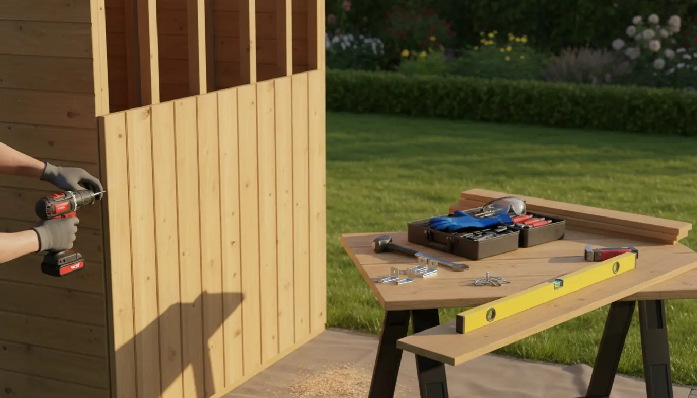 Nærbillede af delvist samlet træredskabsskur i haven med hænder og værktøj.