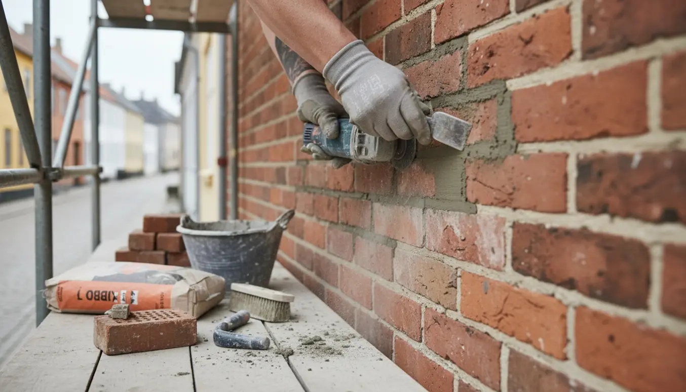 Murer udskifter fuger på endegavl af rød murstensfacade med værktøj og stillads.